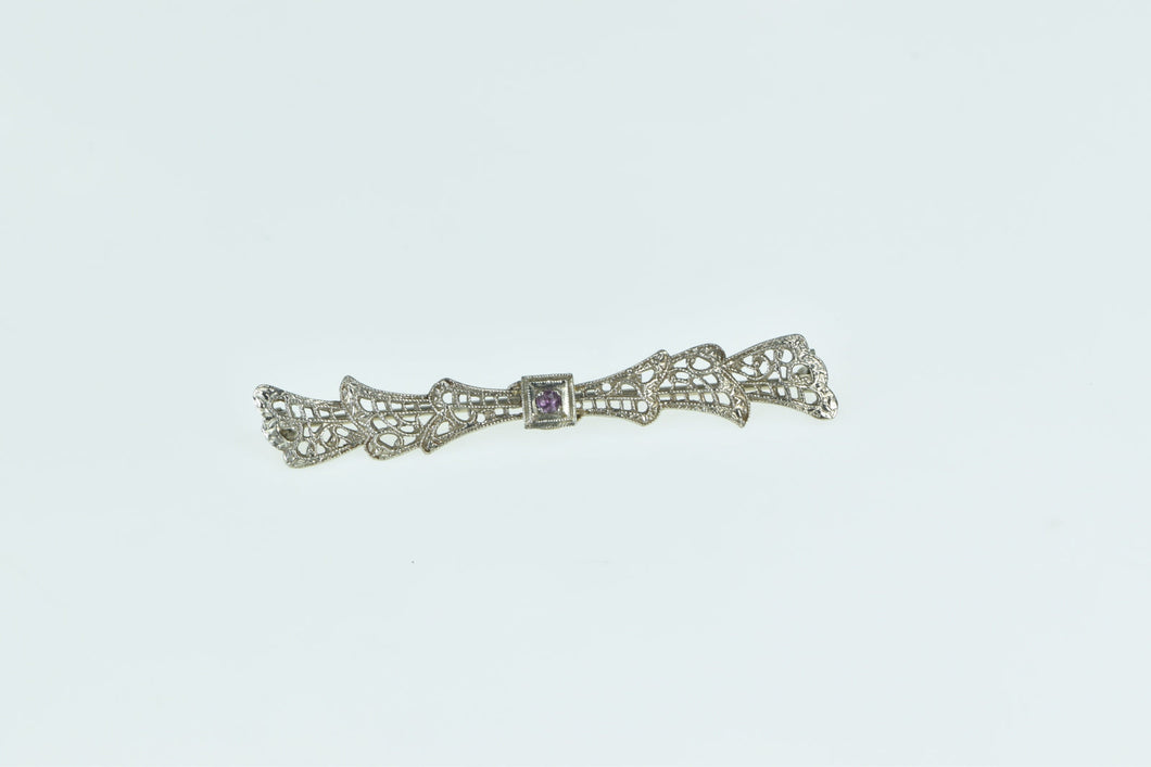 10K Art Deco Filigree Pink Topaz Ornate Bow Pin/Brooch White Gold