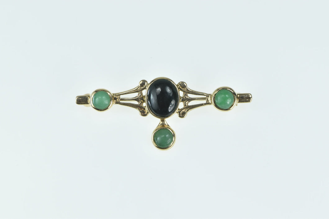 14K Black Onyx Jade Ornate Bezel Statement Pin/Brooch Yellow Gold