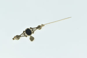 14K Black Onyx Jade Ornate Bezel Statement Pin/Brooch Yellow Gold