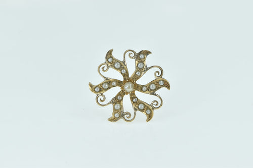 10K Victorian Ornate Seed Pearl Flower Sun Pin/Brooch Yellow Gold