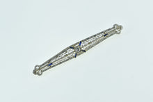 Load image into Gallery viewer, 14K Art Deco Diamond Sapphire Filigree Bar Pin/Brooch White Gold