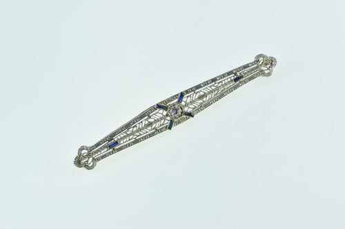 14K Art Deco Diamond Sapphire Filigree Bar Pin/Brooch White Gold