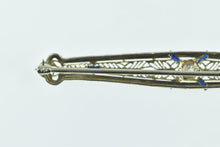 Load image into Gallery viewer, 14K Art Deco Diamond Sapphire Filigree Bar Pin/Brooch White Gold