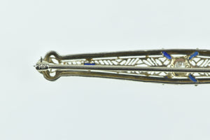 14K Art Deco Diamond Sapphire Filigree Bar Pin/Brooch White Gold