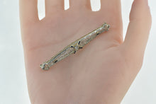 Load image into Gallery viewer, 14K Art Deco Diamond Sapphire Filigree Bar Pin/Brooch White Gold