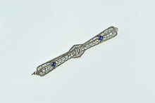 Load image into Gallery viewer, 14K Art Deco Diamond Syn. Sapphire Filigree Pin/Brooch White Gold