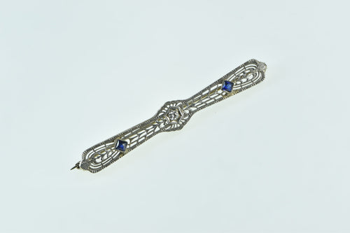 14K Art Deco Diamond Syn. Sapphire Filigree Pin/Brooch White Gold