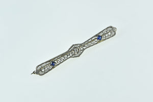 14K Art Deco Diamond Syn. Sapphire Filigree Pin/Brooch White Gold