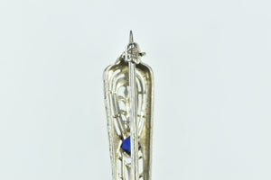 14K Art Deco Diamond Syn. Sapphire Filigree Pin/Brooch White Gold