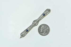 14K Art Deco Diamond Syn. Sapphire Filigree Pin/Brooch White Gold