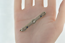 Load image into Gallery viewer, 14K Art Deco Diamond Syn. Sapphire Filigree Pin/Brooch White Gold