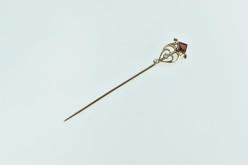 14K Victorian Garnet Diamond Seed Pearl Ornate Stick Pin Yellow Gold