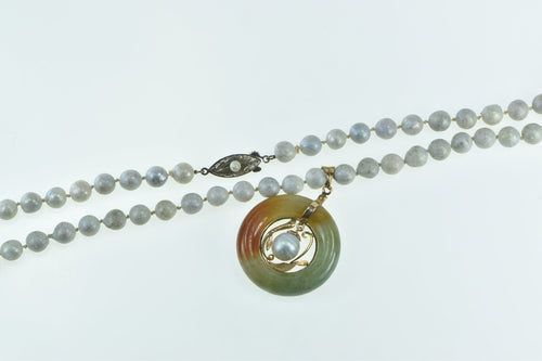 Sterling Silver 14k Gold Pendant Pearl Jadeite Bi Vine Necklace 16.5