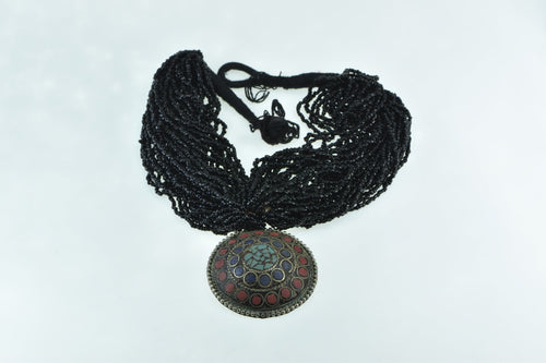Basemetal Tibetan Layered Beaded Inlay Medallion Necklace 15.5