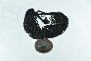 Basemetal Tibetan Layered Beaded Inlay Medallion Necklace 15.5"