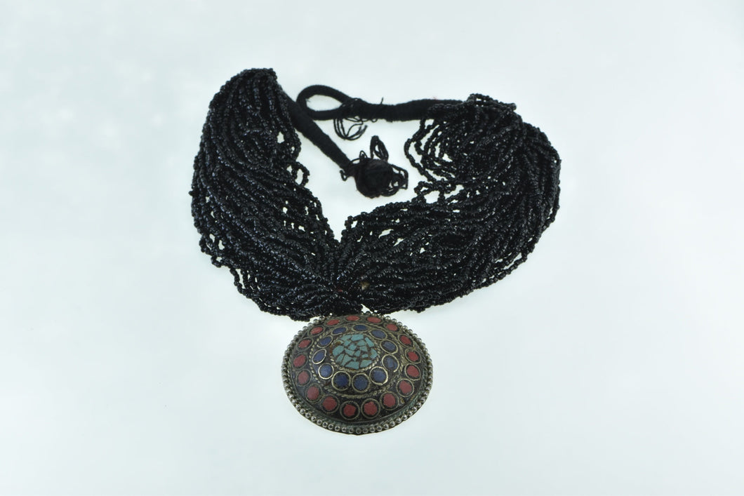 Basemetal Tibetan Layered Beaded Inlay Medallion Necklace 15.5