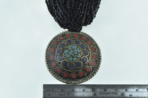 Basemetal Tibetan Layered Beaded Inlay Medallion Necklace 15.5"