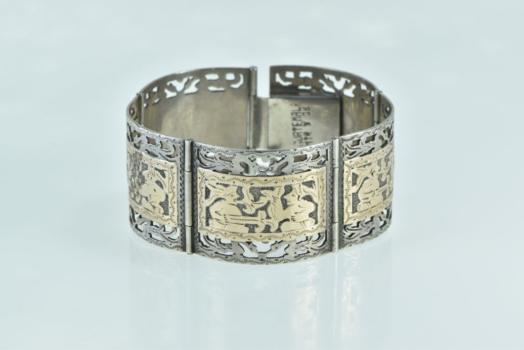Sterling Silver 14k Gold Incan Tribal Motif Ornate Filigree Bracelet 6.5