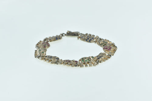 Sterling Silver Ruby Sapphire Emerald Elephant Chain Bracelet 7.5