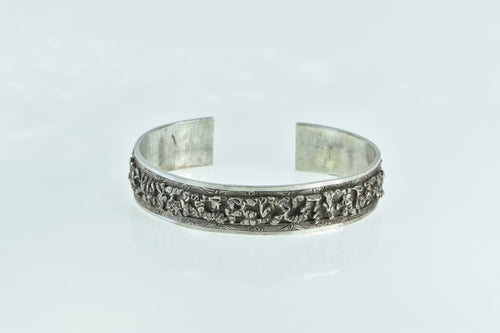 Sterling Silver Ornate Floral Textured Tribal Pattern Cuff Bracelet 8.5