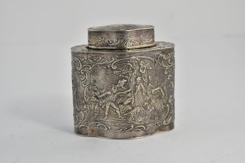 Sterling Silver Dutch Celebration Scene Ornate Tea Caddy