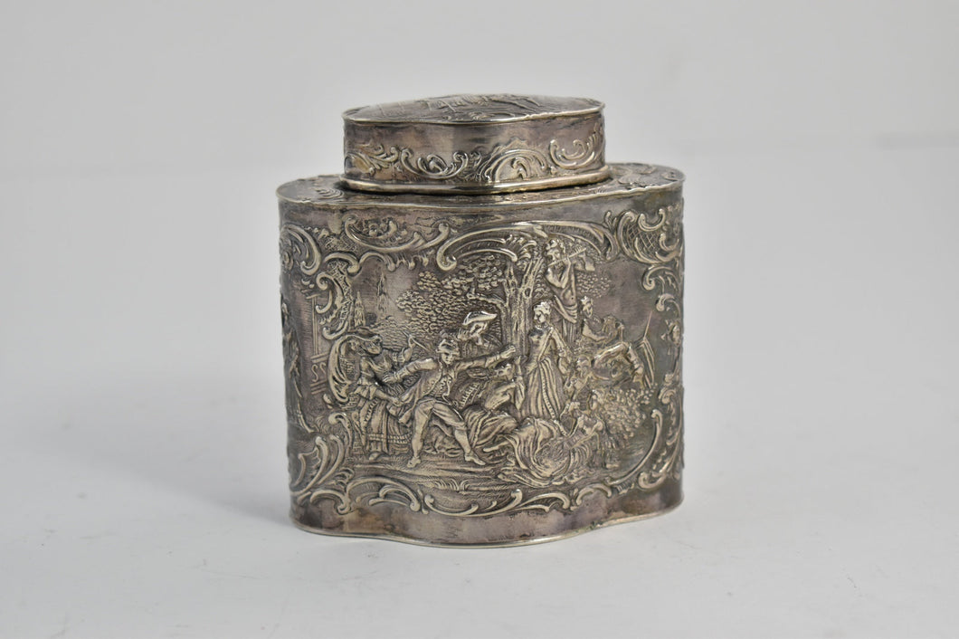 Sterling Silver Dutch Celebration Scene Ornate Tea Caddy