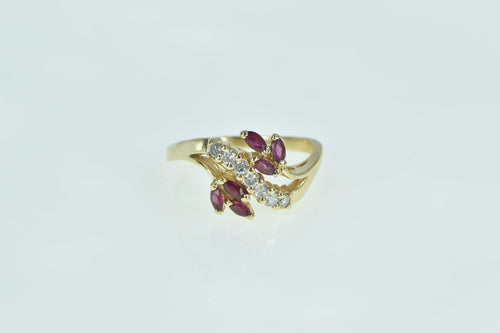 14K Diamond Marquise Ruby Wavy Cluster Ring Yellow Gold
