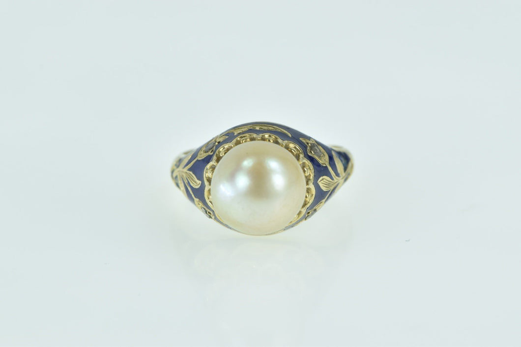 18K Victorian Pearl Enamel Rose Diamond Floral Ring Yellow Gold