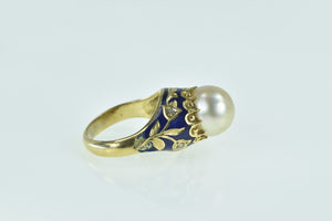 18K Victorian Pearl Enamel Rose Diamond Floral Ring Yellow Gold