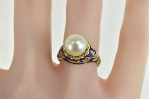 18K Victorian Pearl Enamel Rose Diamond Floral Ring Yellow Gold