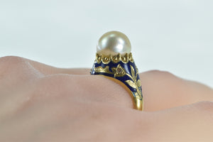 18K Victorian Pearl Enamel Rose Diamond Floral Ring Yellow Gold