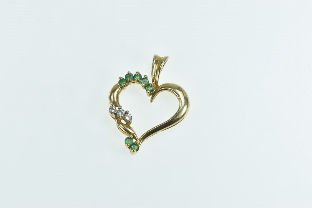 14K Vintage Emerald Diamond Heart Twist Love Pendant Yellow Gold