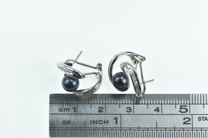 14K Baguette Diamond Dark Blue Pearl Statement Earrings White Gold