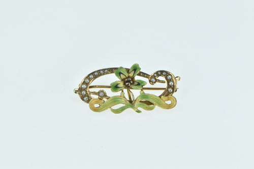 10K Art Nouveau Seed Pearl Ornate Flower Pin/Brooch Yellow Gold