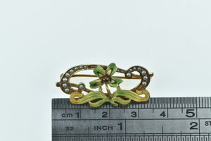 10K Art Nouveau Seed Pearl Ornate Flower Pin/Brooch Yellow Gold