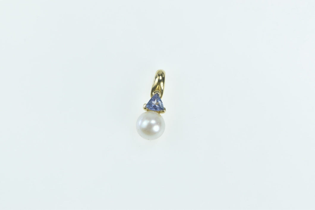 14K Pearl Tanzanite Trillion Vintage Statement Pendant Yellow Gold