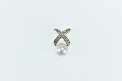 10K X Criss Cross Diamond Pearl Slide Pendant Yellow Gold