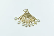 Load image into Gallery viewer, 14K Ornate Pearl Fringe Tassel Hand Fan Filigree Charm/Pendant Yellow Gold