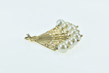 Load image into Gallery viewer, 14K Ornate Pearl Fringe Tassel Hand Fan Filigree Charm/Pendant Yellow Gold