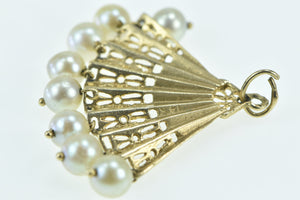 14K Ornate Pearl Fringe Tassel Hand Fan Filigree Charm/Pendant Yellow Gold