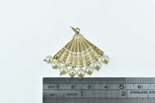 Load image into Gallery viewer, 14K Ornate Pearl Fringe Tassel Hand Fan Filigree Charm/Pendant Yellow Gold