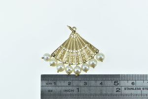 14K Ornate Pearl Fringe Tassel Hand Fan Filigree Charm/Pendant Yellow Gold