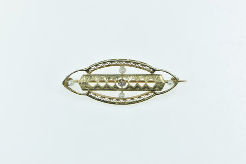 14K Victorian Filigree Ornate Seed Pearl Oval Pin/Brooch Yellow Gold