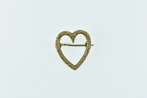 14K Victorian Ornate Heart Love Valentine Scroll Pin/Brooch Yellow Gold