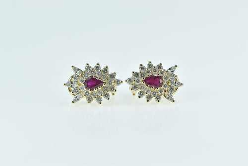 14K 2.00 Ctw Pear Ruby Diamond Cluster Halo Earrings Yellow Gold