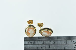 14K Oval Carved Shell Cameo Vintage Stud Earrings Yellow Gold