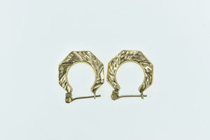 14K Diamond Cut Squared Vintage Patterned Hoop Earrings Yellow Gold