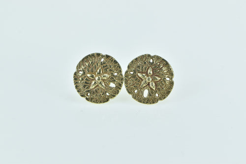 14K Sand Dollar Sea Shell Flower Ornate Stud Earrings Yellow Gold