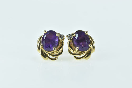 14K Oval Amethyst Diamond Accent Swirl Stud Earrings Yellow Gold