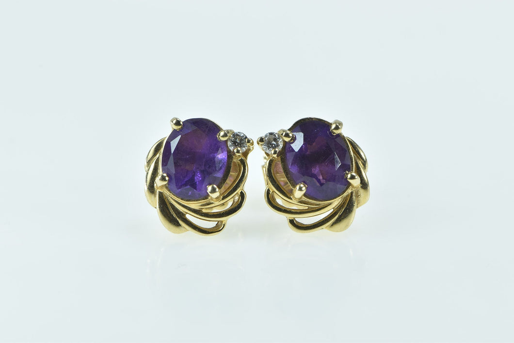 14K Oval Amethyst Diamond Accent Swirl Stud Earrings Yellow Gold